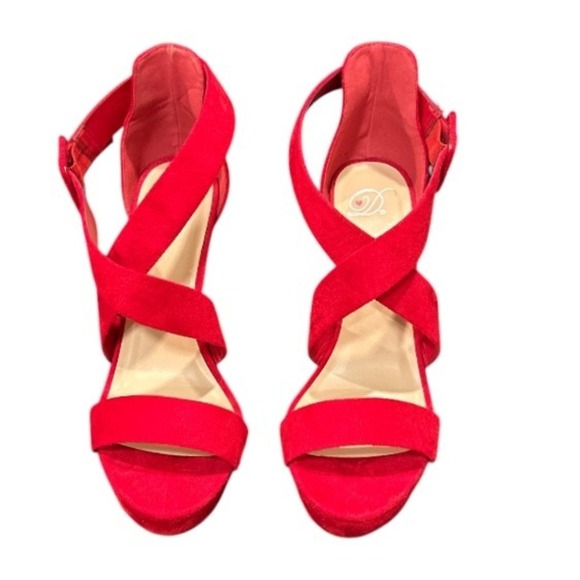 Red Velvet Platform Heels Ankle Strap Criss Cross‎ Sandals Size 9 (See Note) - Picture 2 of 10
